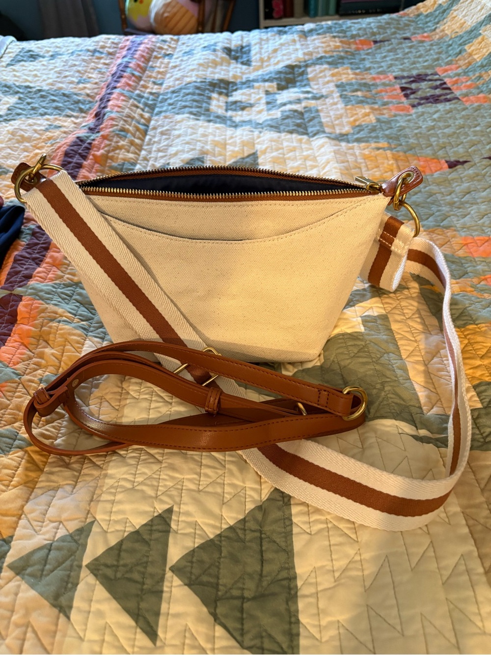 Cream Canvas Crossbody Bag with Tan Leather Trim